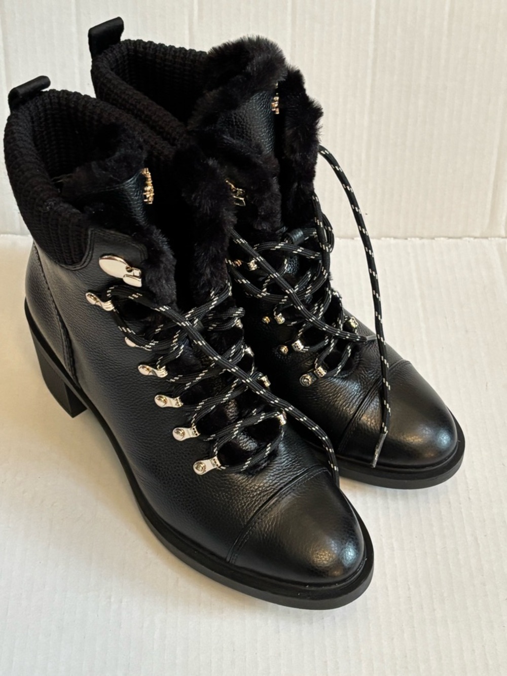 Kate Spade Walker Booties Black Knit Fur Trim Hiker Boots Size 10